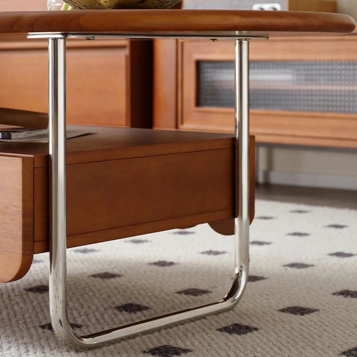 Mid-Century Modern Wood Brown Oval Coffee Table with Drawer Image - 9