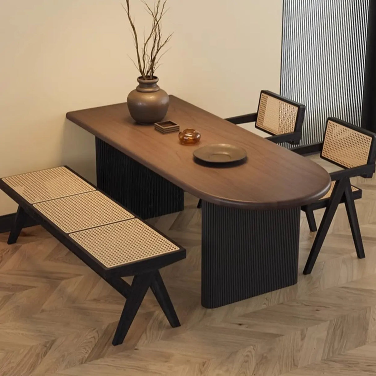 Mid-Century Modern Wood Brown Oval Semicircle Dining Table Image - 4