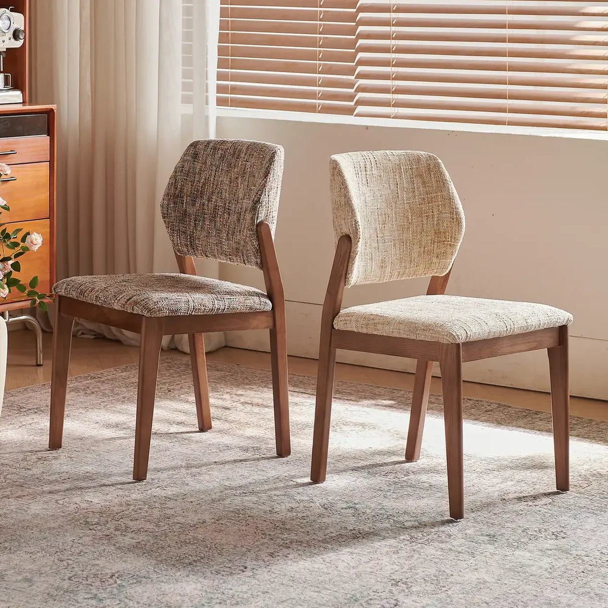 Mid Century Modern Wood Chenille Curved Back Dining Chair Image - 1