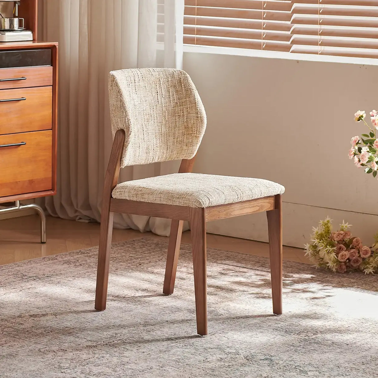 Mid Century Modern Wood Chenille Curved Back Dining Chair Image - 2