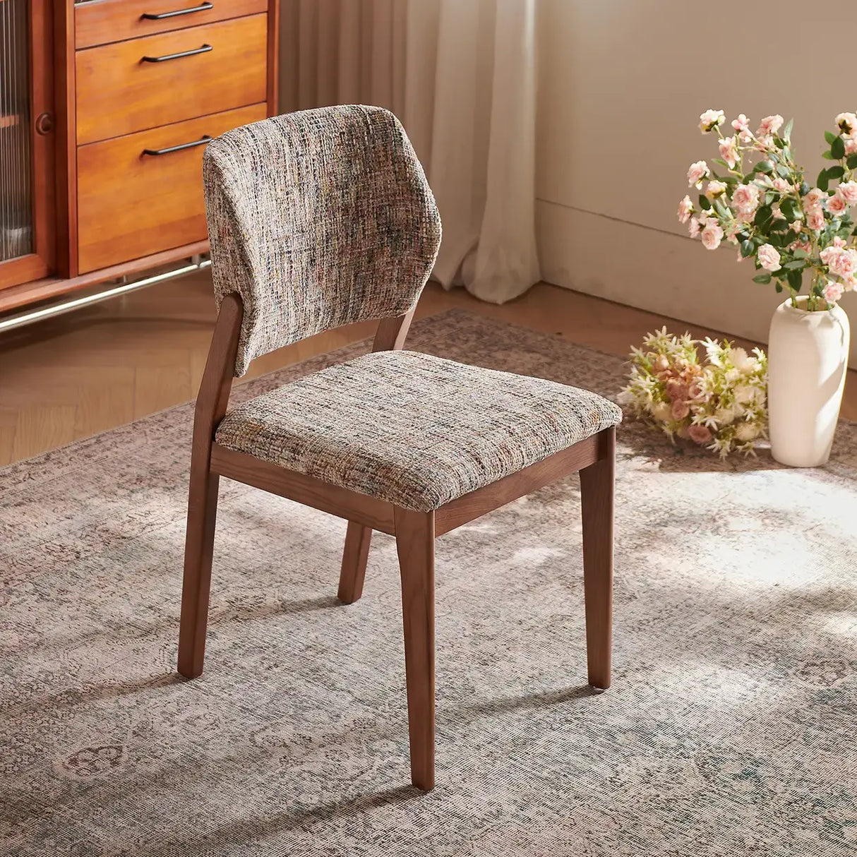 Mid Century Modern Wood Chenille Curved Back Dining Chair Image - 3