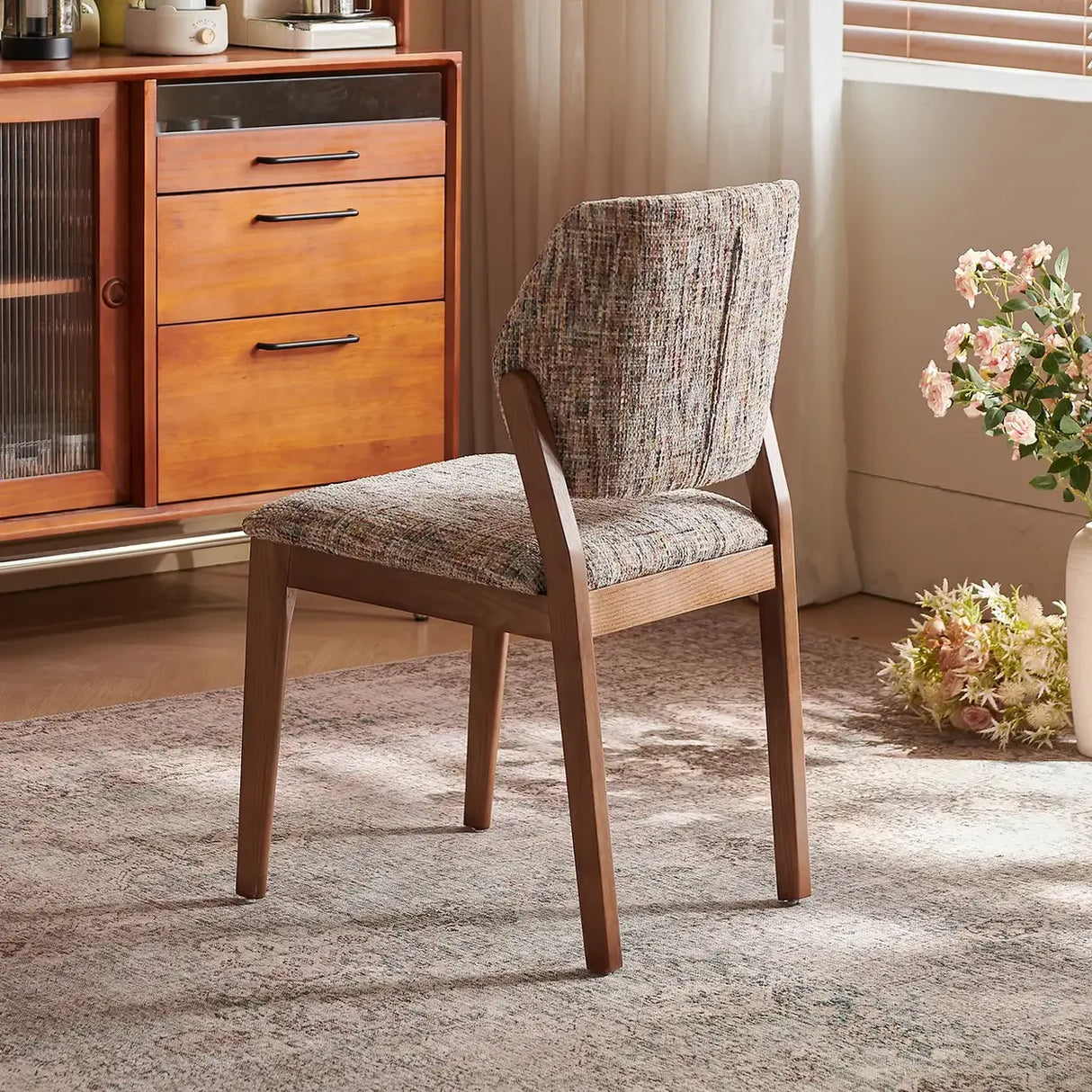 Mid Century Modern Wood Chenille Curved Back Dining Chair Image - 4