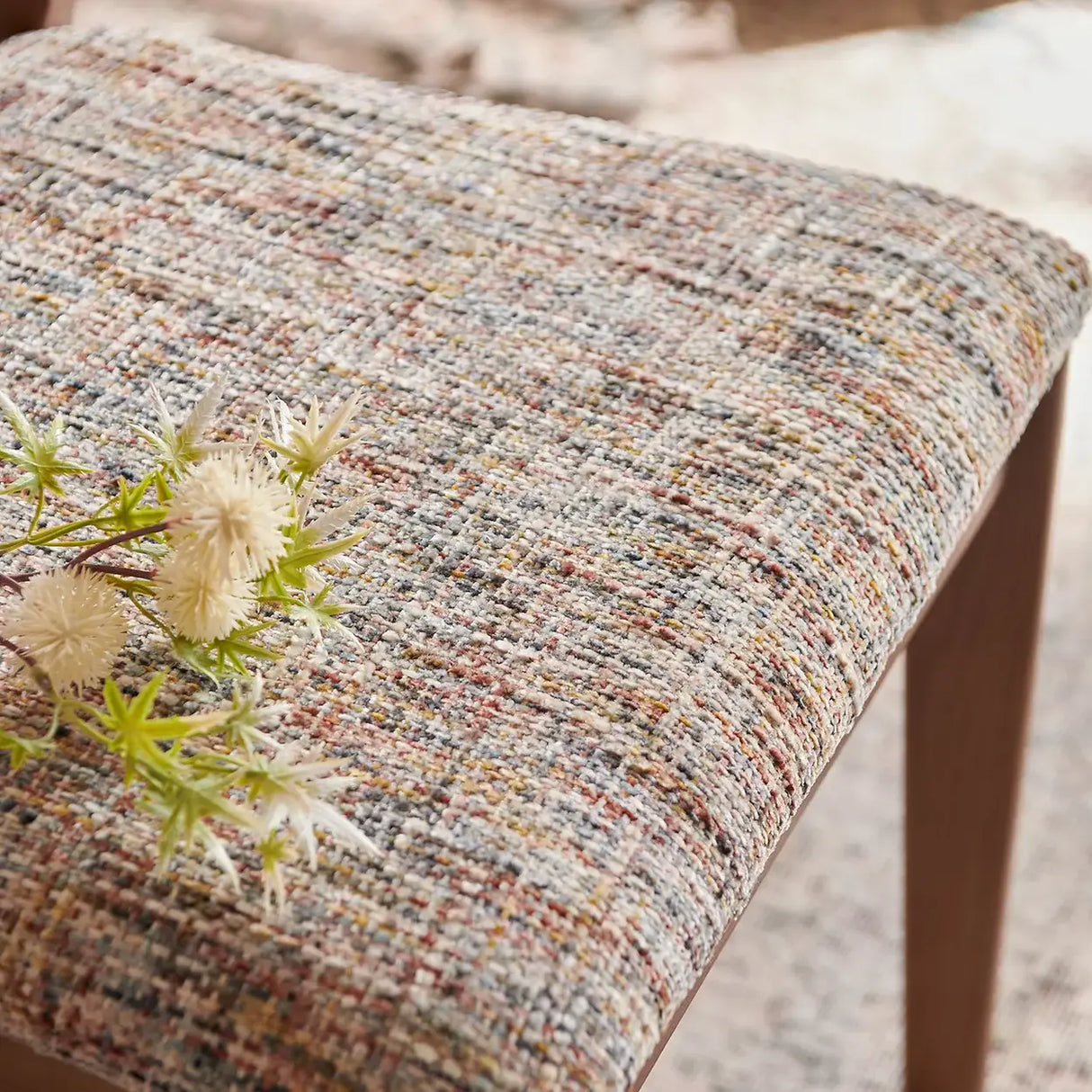 Mid Century Modern Wood Chenille Curved Back Dining Chair Image - 6