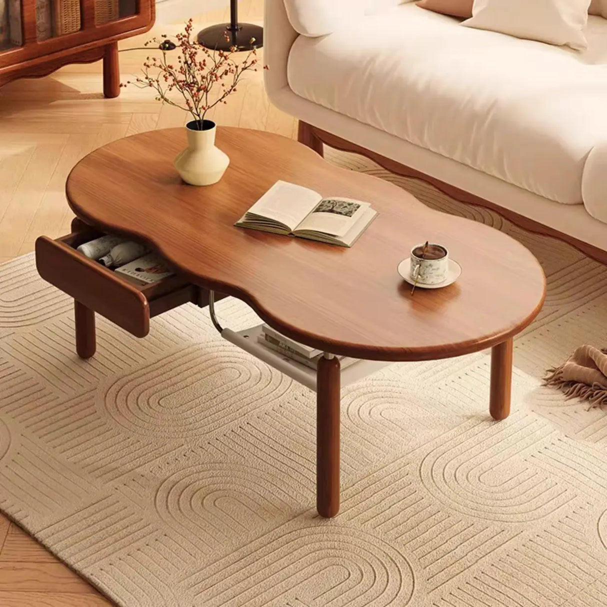 Mid-Century Modern Wood Coffee Table with Drawer Shelf Image - 3