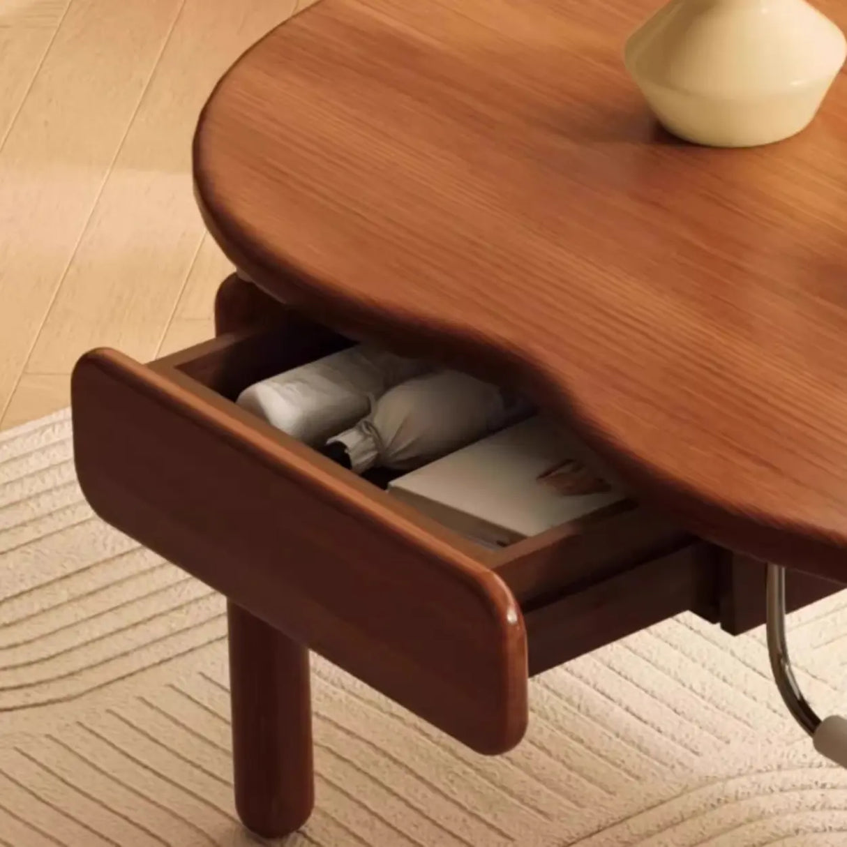 Mid-Century Modern Wood Coffee Table with Drawer Shelf Image - 4