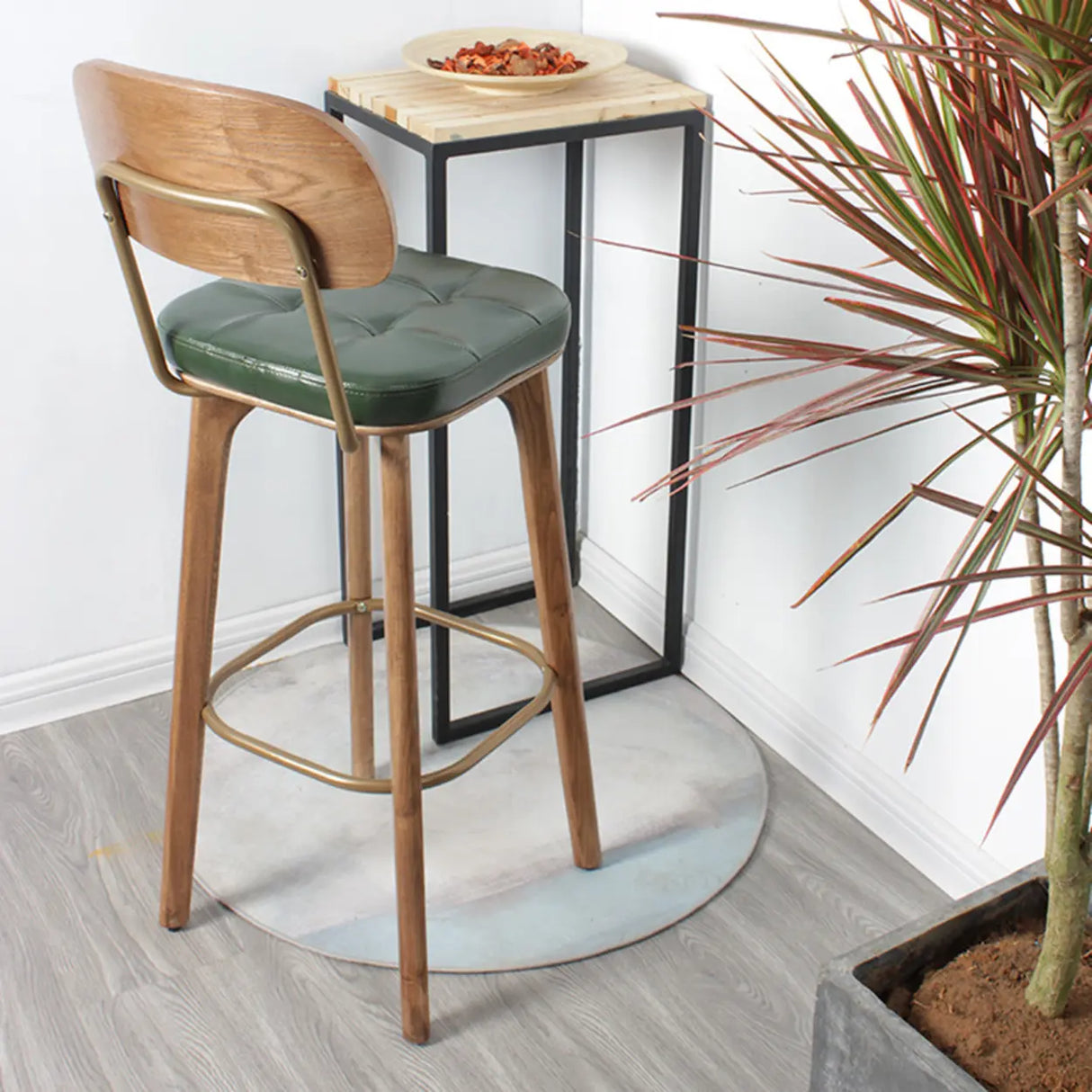 Mid-Century Modern Wood Low Back Leather Tufted Bar Stool Image - 1