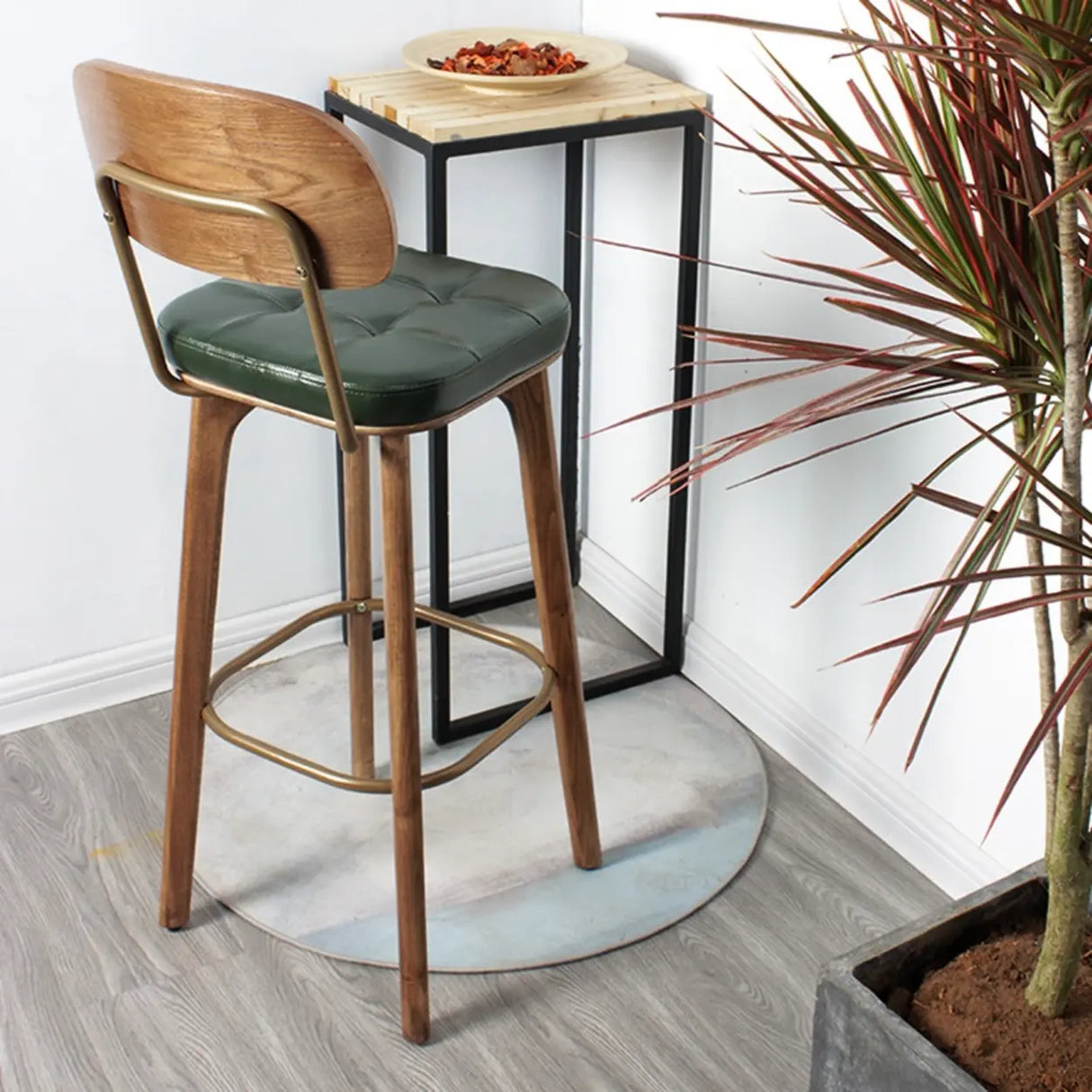 Mid-Century Modern Wood Low Back Leather Tufted Bar Stool Image - 1