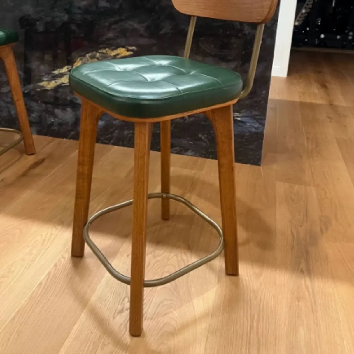 Mid-Century Modern Wood Low Back Leather Tufted Bar Stool Image - 4