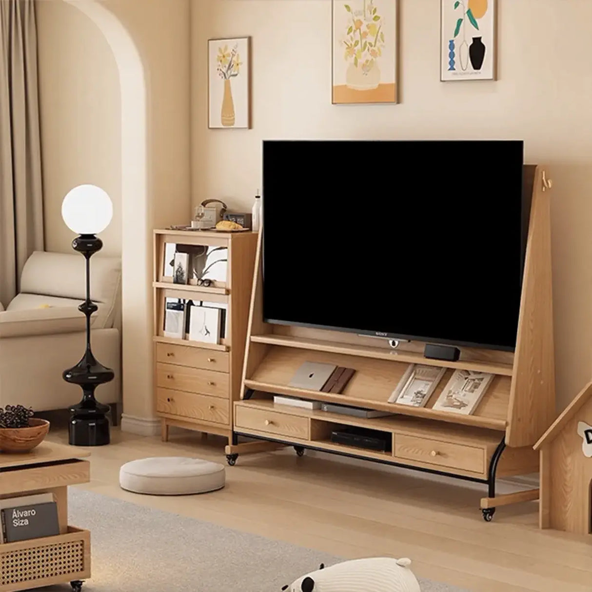 Mid-Century Modern Wood Movable Adjustable TV Mount TV Stand Image - 2