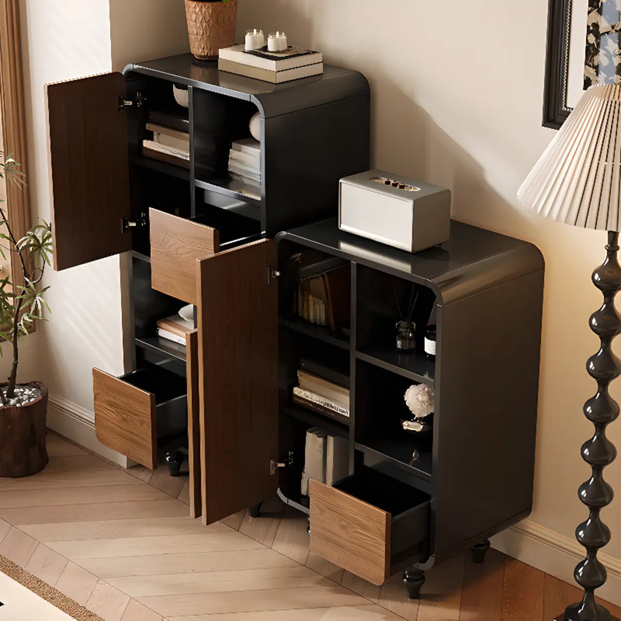 Mid-Century Modern Wood Rounded Edges Drawer Shelf Bookcase Image - 6