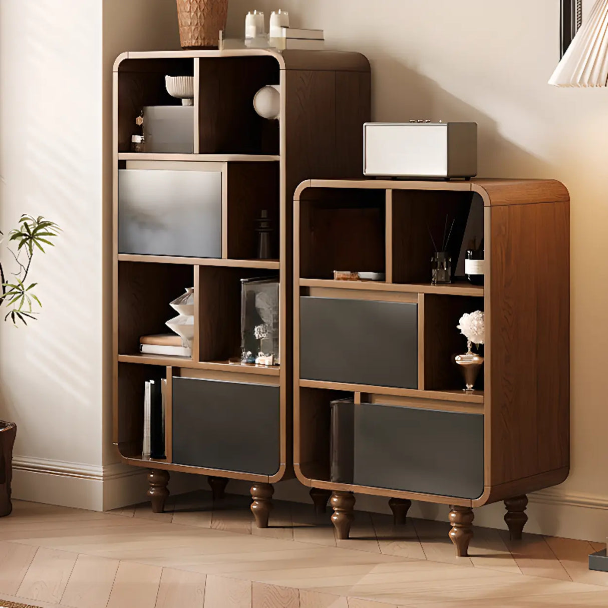 Mid-Century Modern Wood Rounded Edges Drawer Shelf Bookcase Image - 7