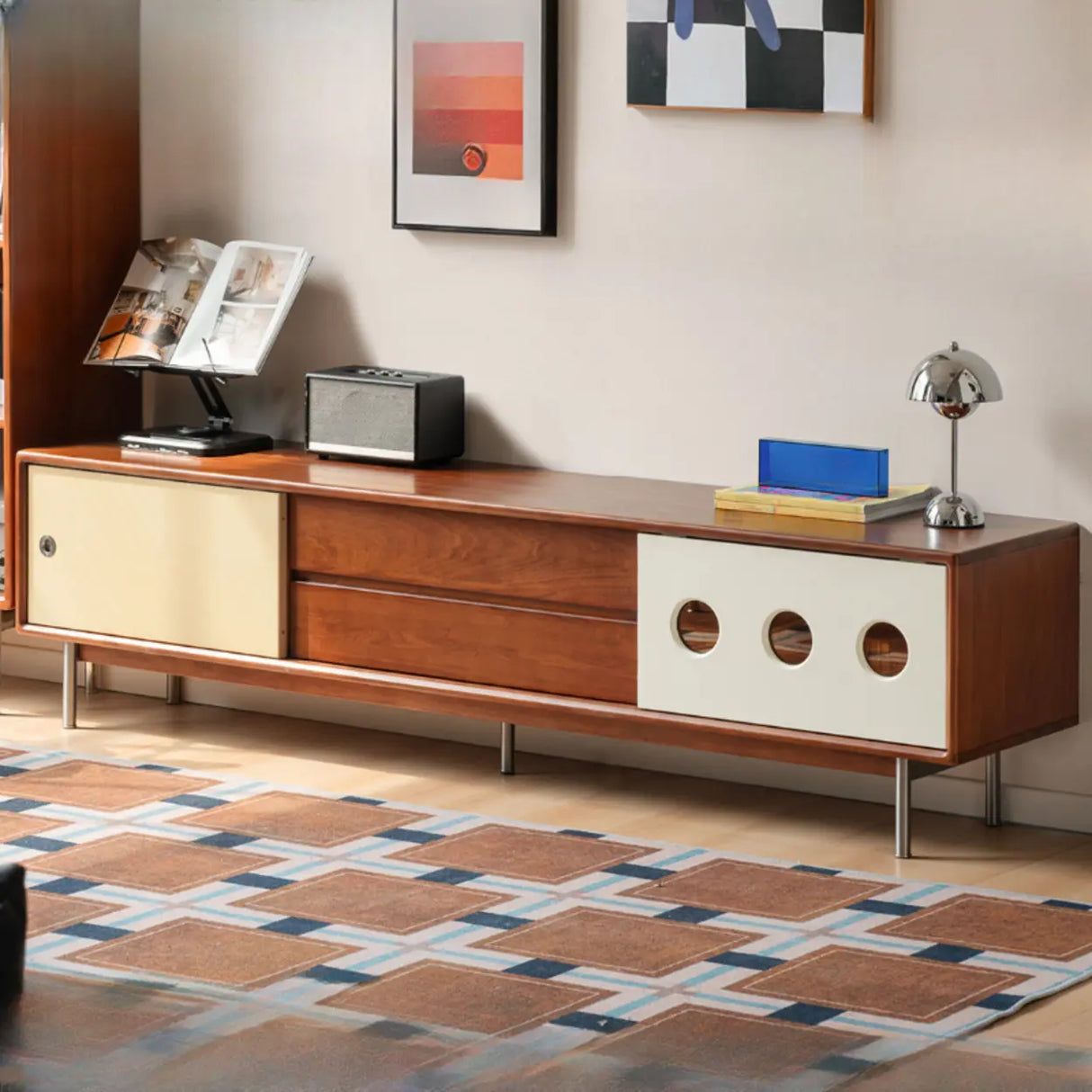 Mid-Century Modern Wood TV Stand with Drawers Storage Image - 1