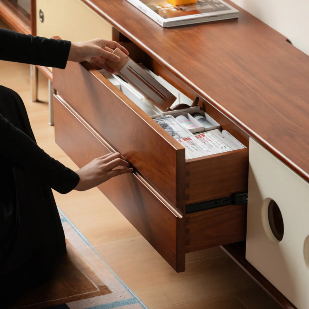 Mid-Century Modern Wood TV Stand with Drawers Storage Image - 8