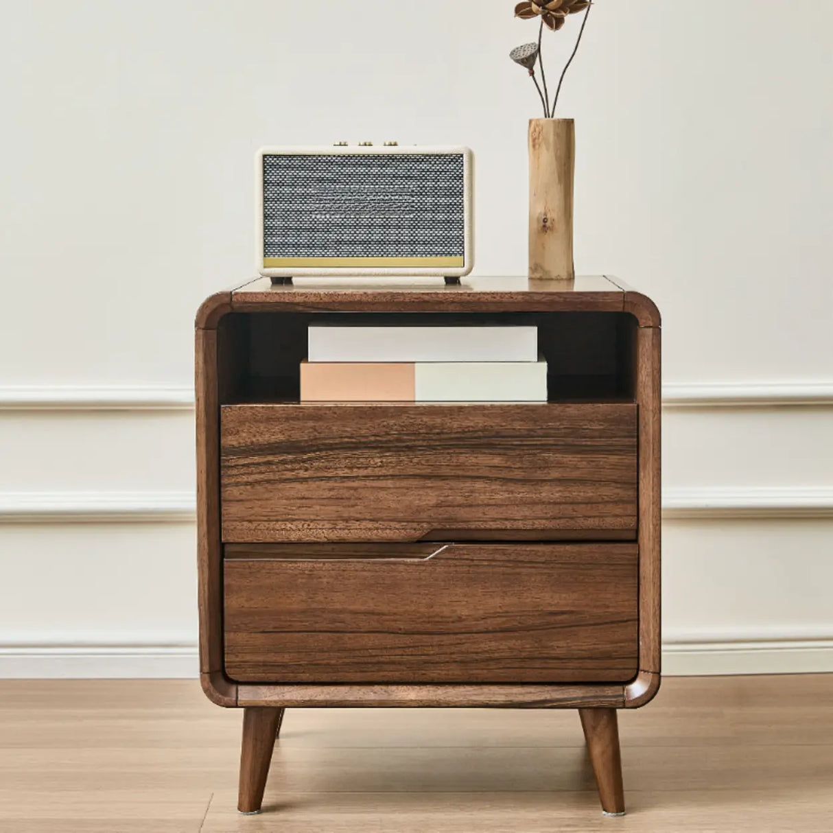 Mid-Century Modern Wood Walnut Nightstand with Drawers Image - 6