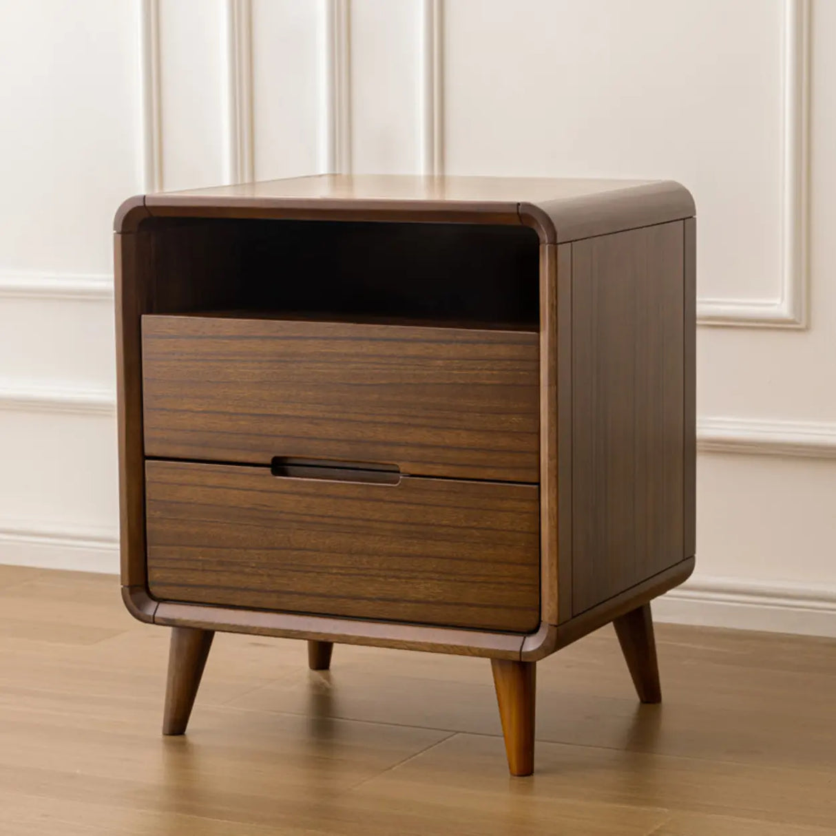Mid-Century Modern Wood Walnut Nightstand with Drawers Image - 7