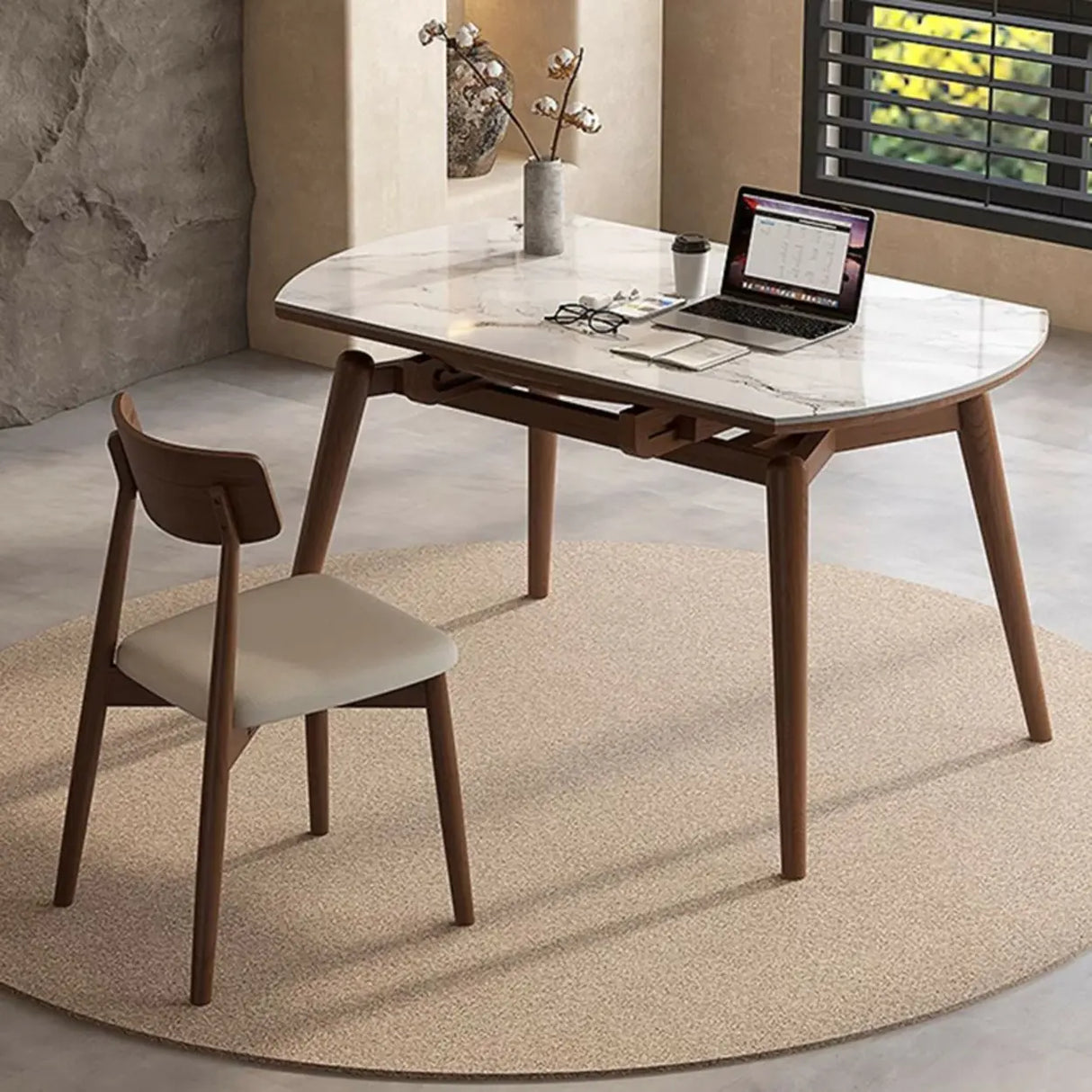 Mid-Century Oval Marble Dining Table White Extendable Image - 3