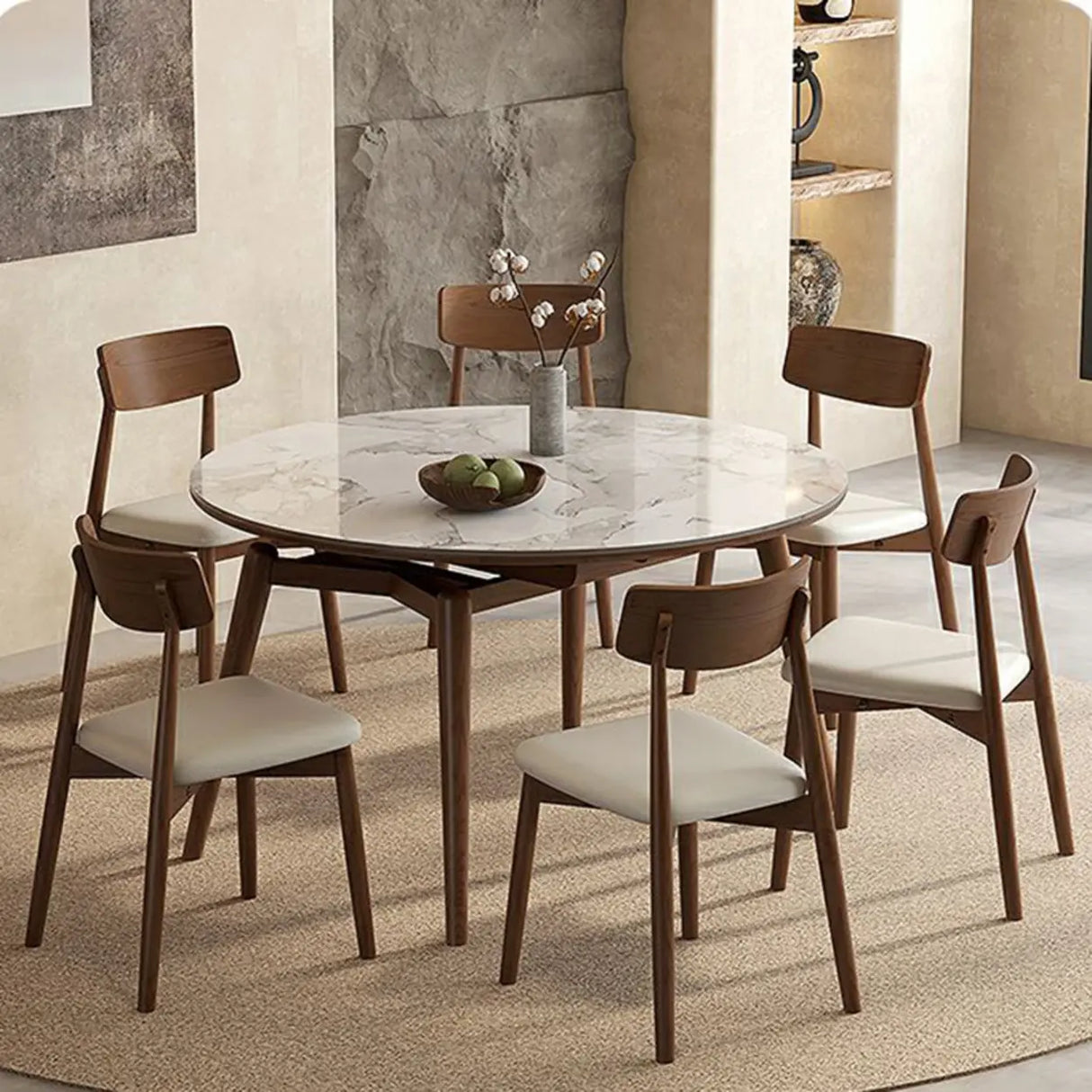 Mid-Century Oval Marble Dining Table White Extendable Image - 5