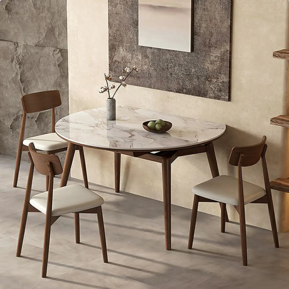 Mid-Century Oval Marble Dining Table White Extendable Image - 7