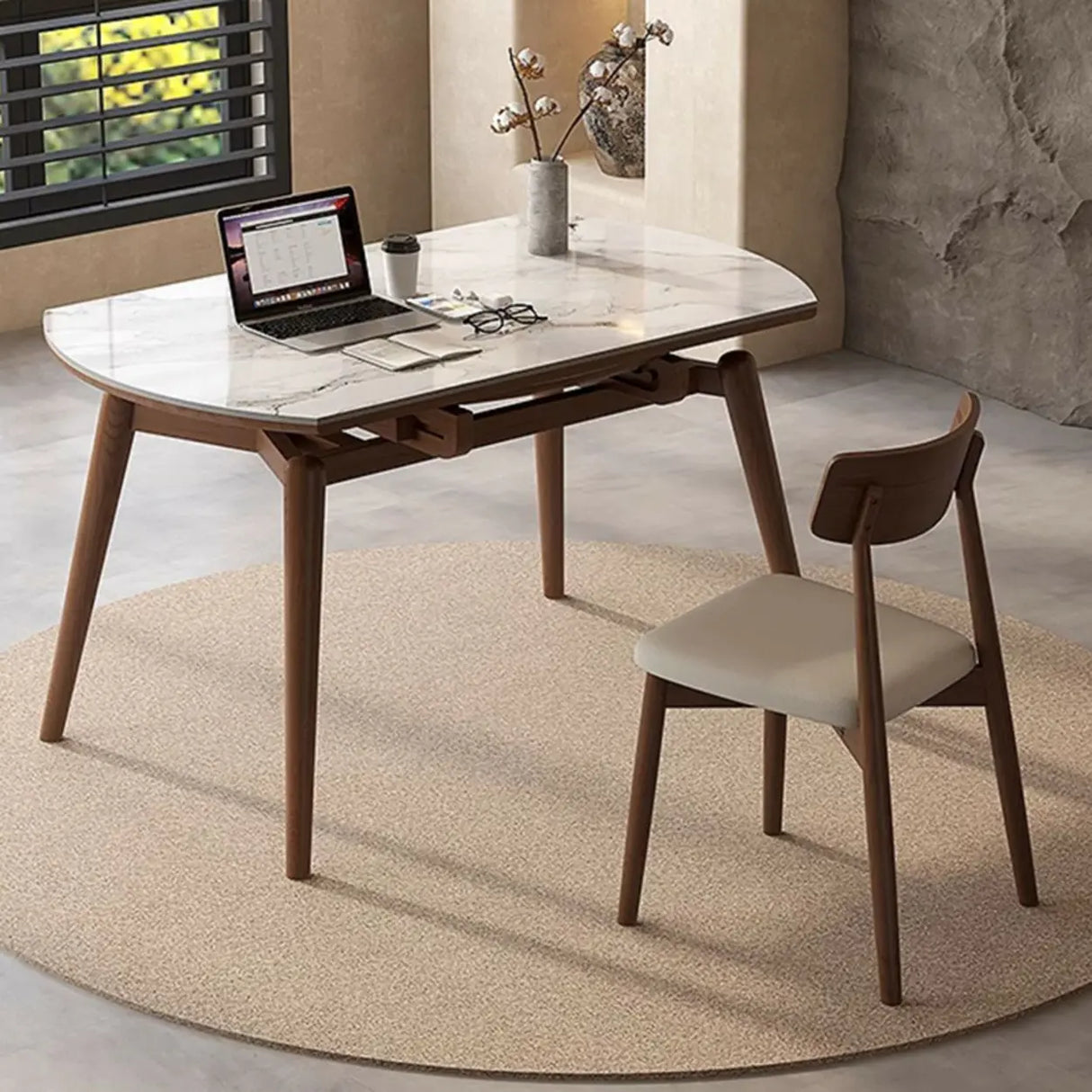 Mid-Century Oval Marble Dining Table White Extendable Image - 8