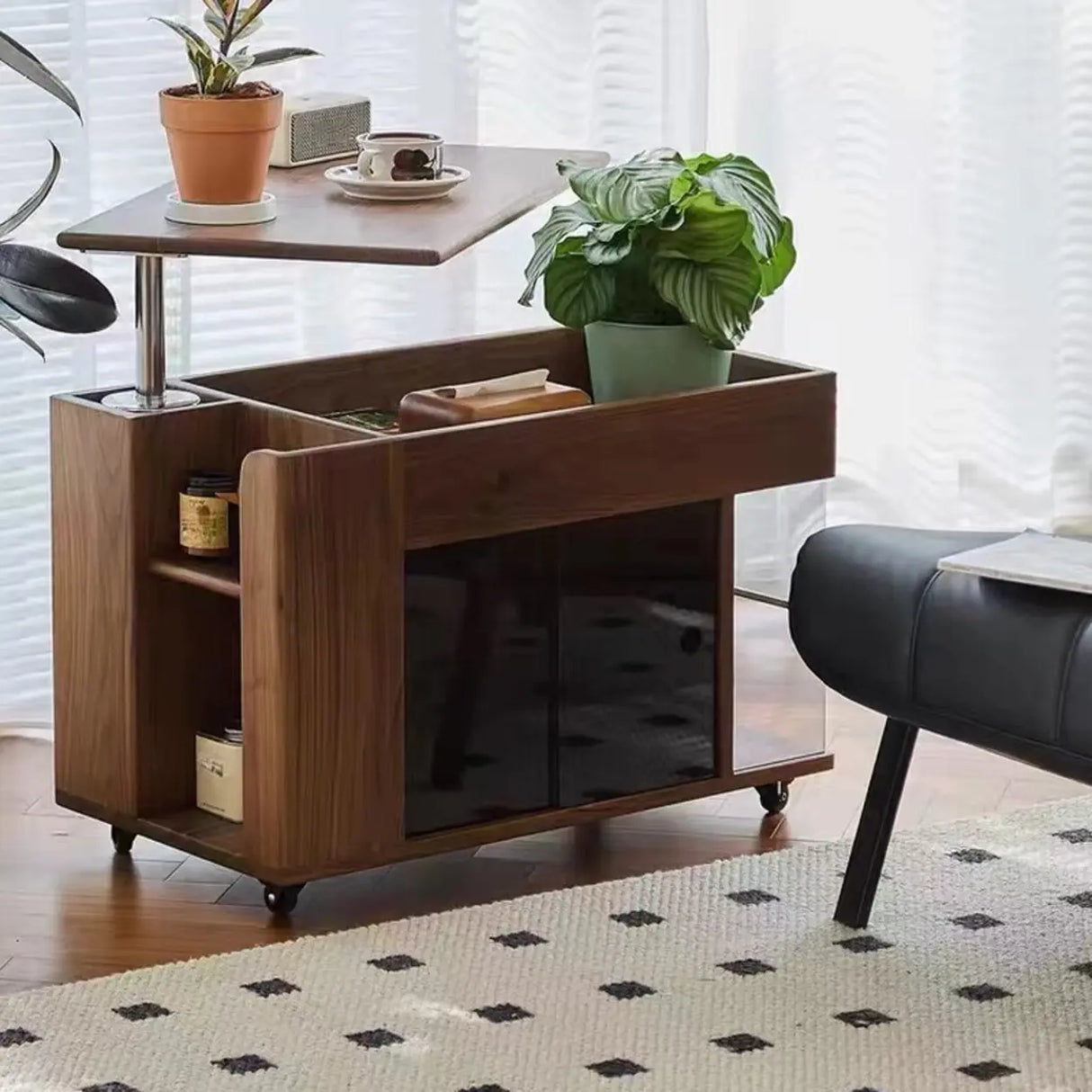Mid-Century Rectangle Wood Adjustable Brown Wheels End Table Image - 4