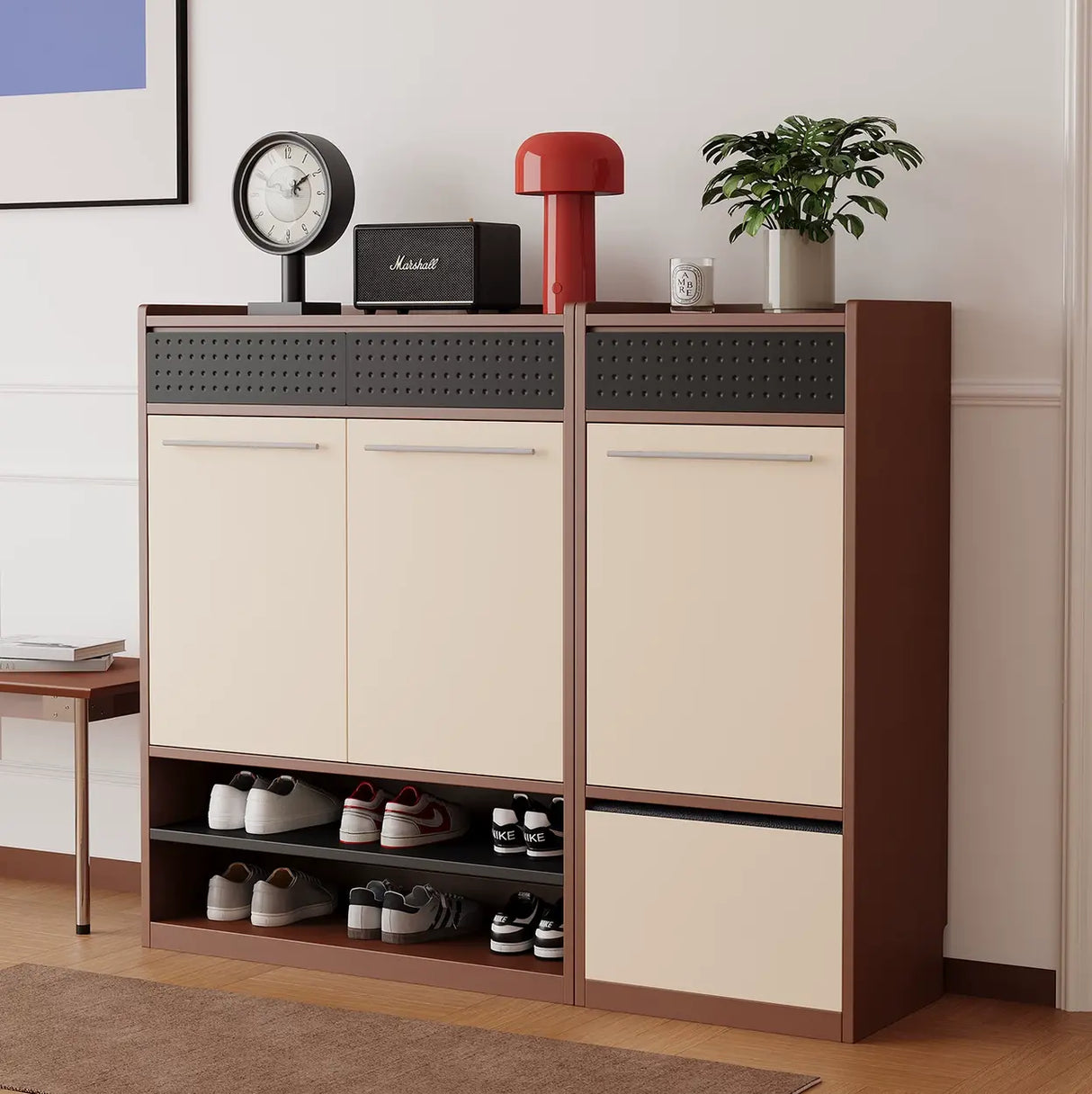 Mid-century style wall-mounted shoe cabinet and storage unit for the entryway. Image - 3