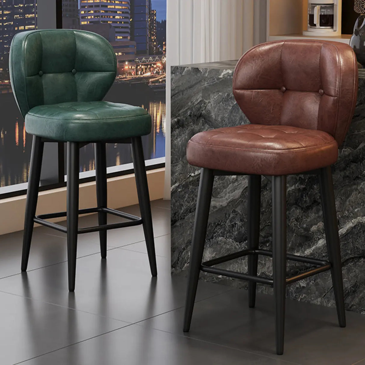 Mid-Century Upholstered Swivel Bar Stool with Padded Backrest Image - 1