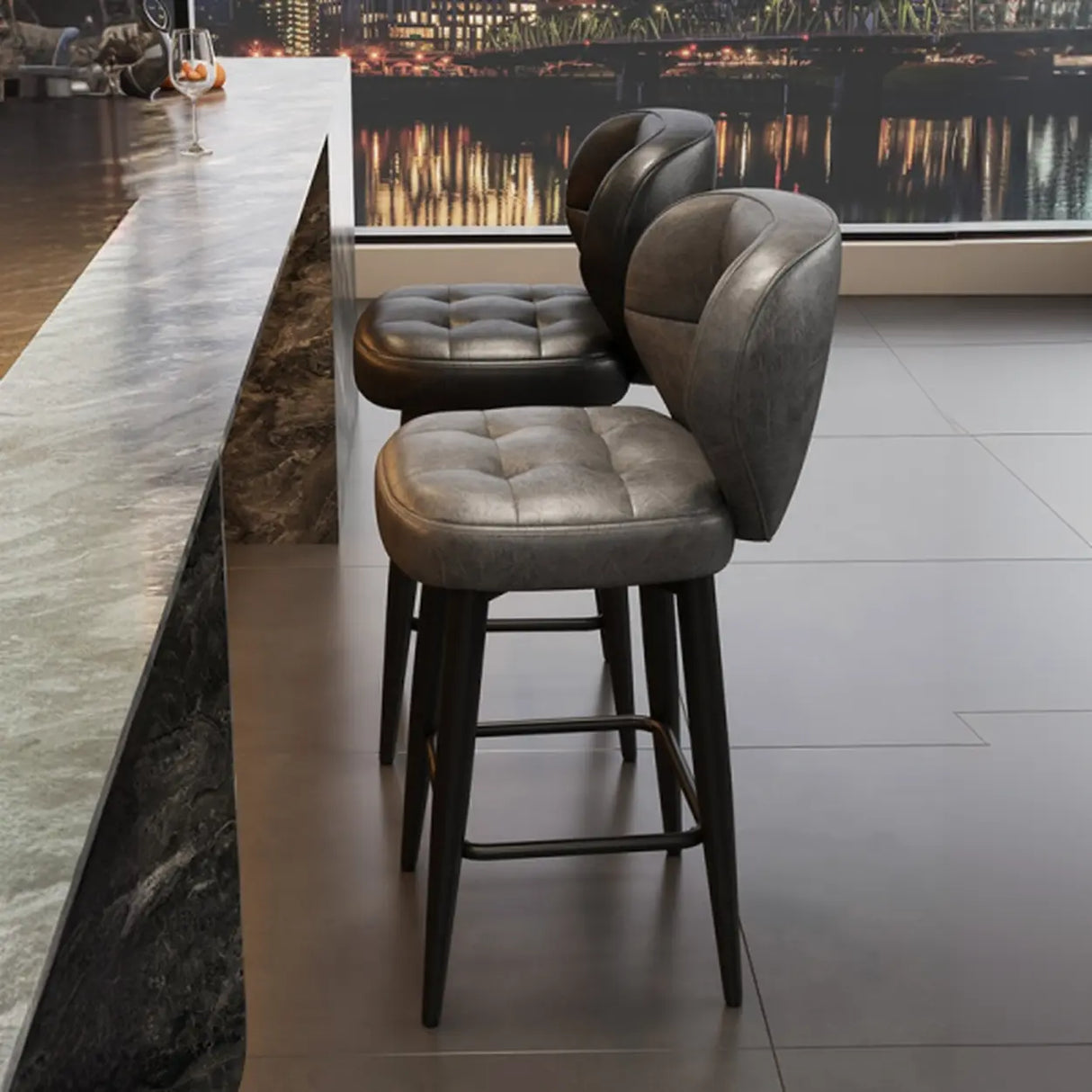 Mid-Century Upholstered Swivel Bar Stool with Padded Backrest Image - 4