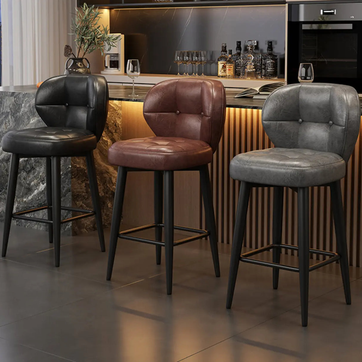 Mid-Century Upholstered Swivel Bar Stool with Padded Backrest Image - 6
