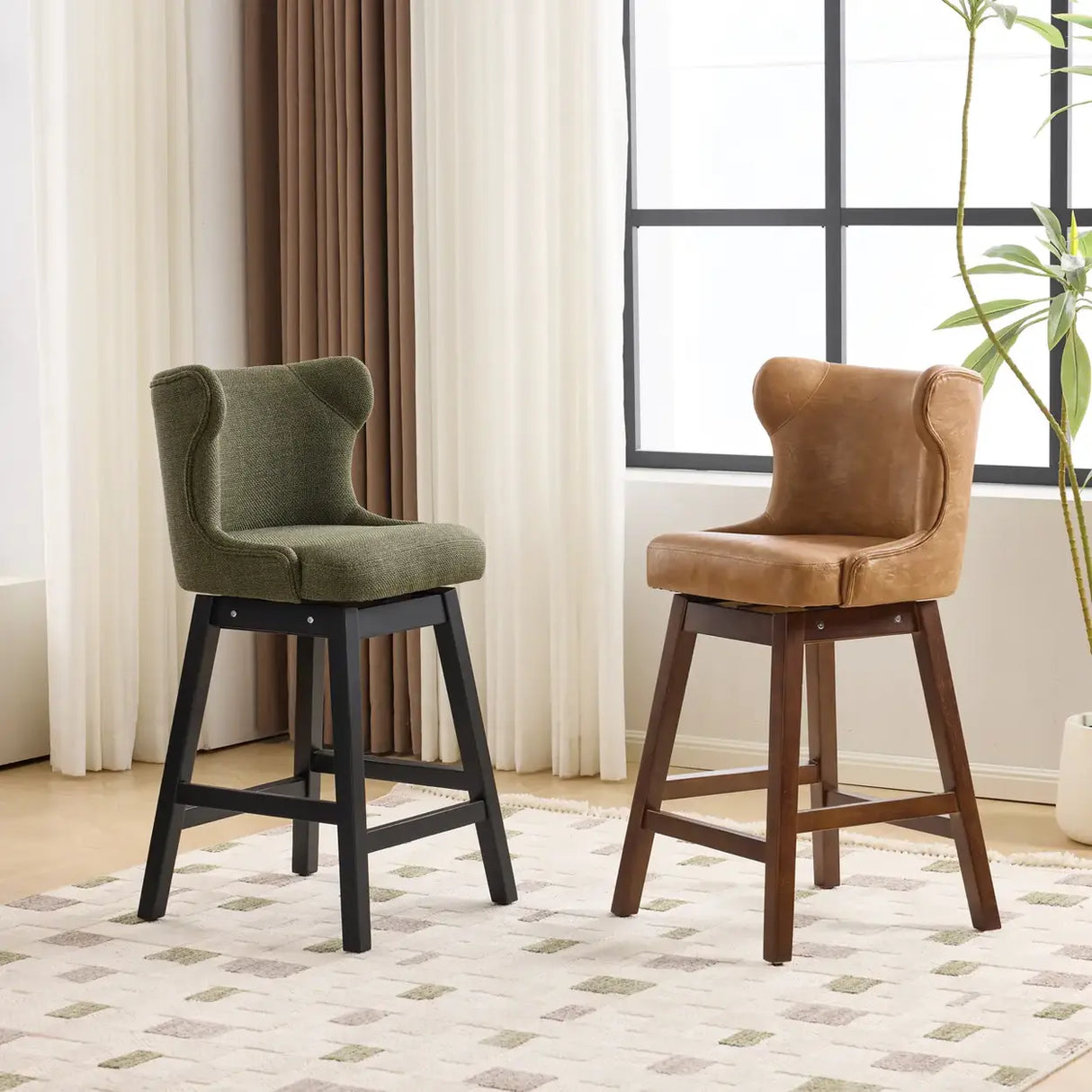 Mid-Century Upholstered Swivel Wingback Bar Stools Set of 2 Image - 1