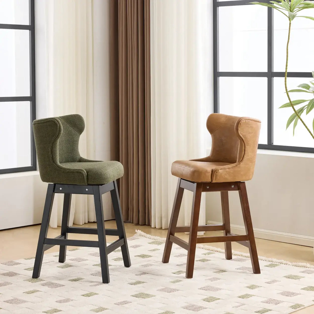 Mid-Century Upholstered Swivel Wingback Bar Stools Set of 2 Image - 3