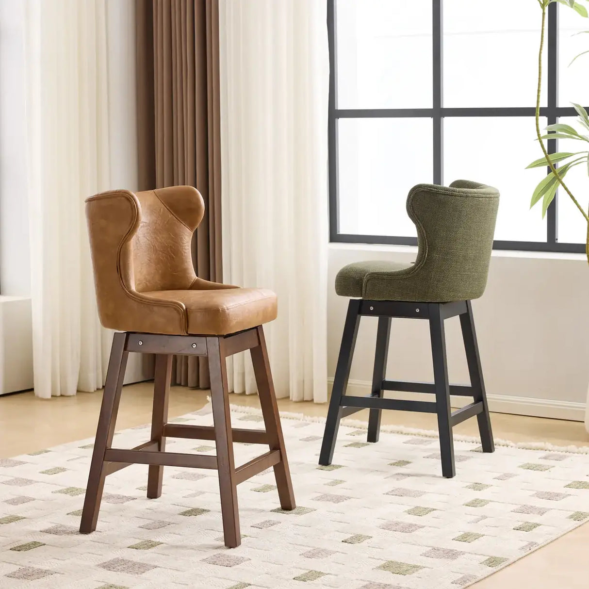 Mid-Century Upholstered Swivel Wingback Bar Stools Set of 2 Image - 5