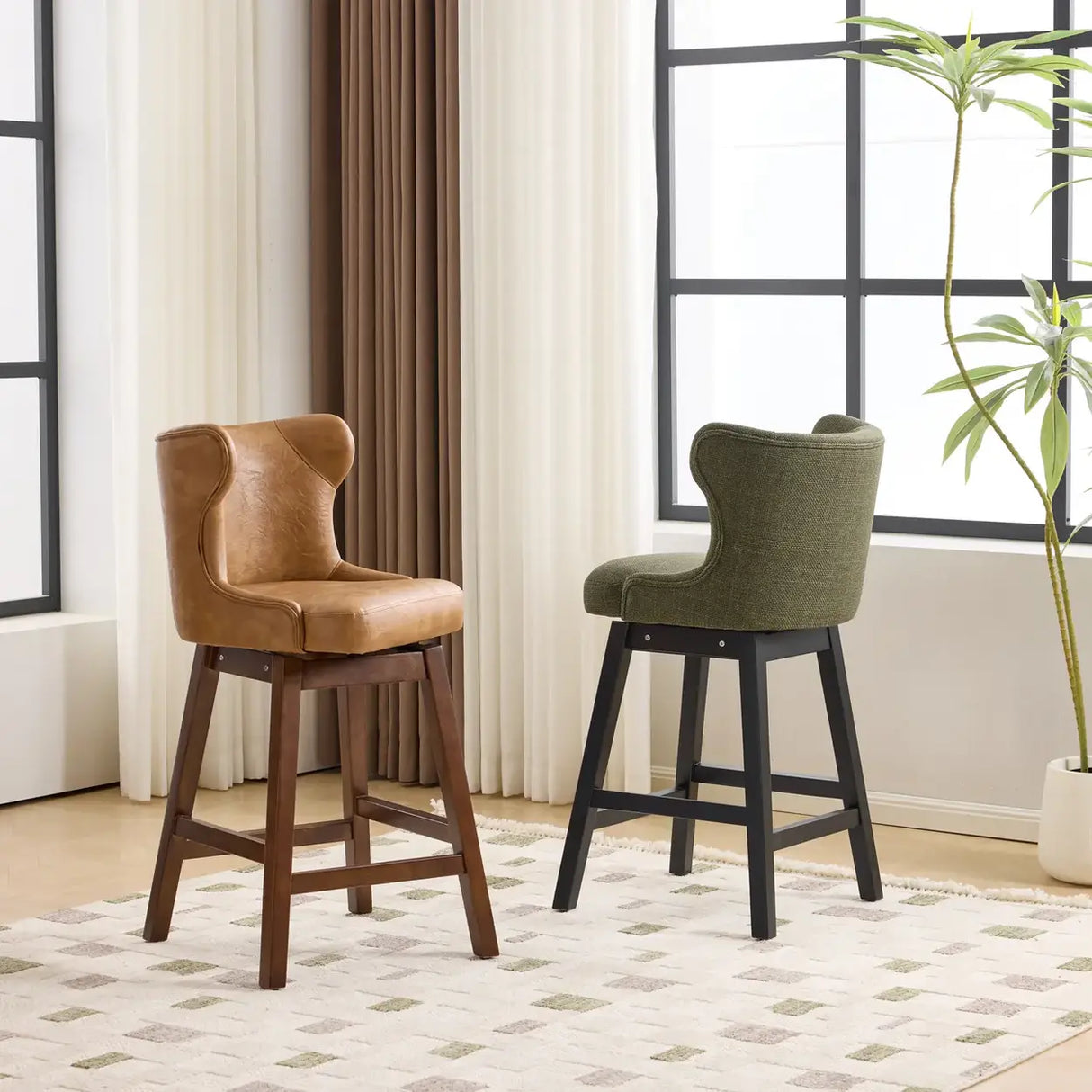 Mid-Century Upholstered Swivel Wingback Bar Stools Set of 2 Image - 6