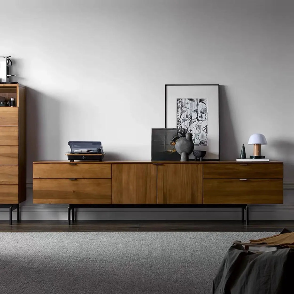 Mid-Century Walnut Wood TV Stand with Storage Image - 1