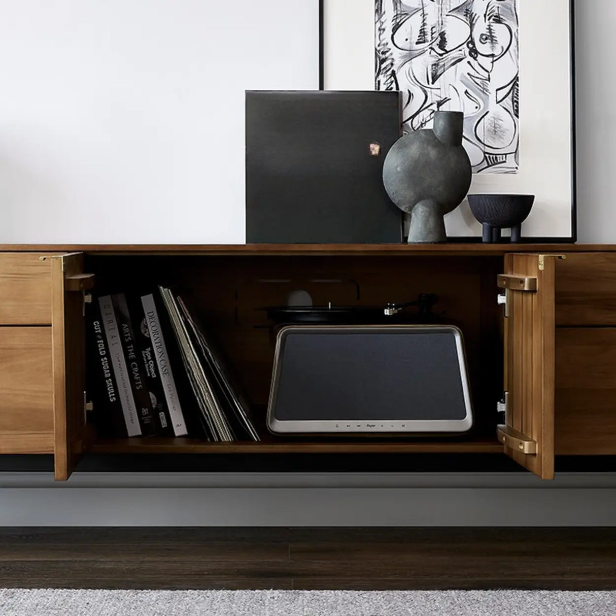 Mid-Century Walnut Wood TV Stand with Storage Image - 10