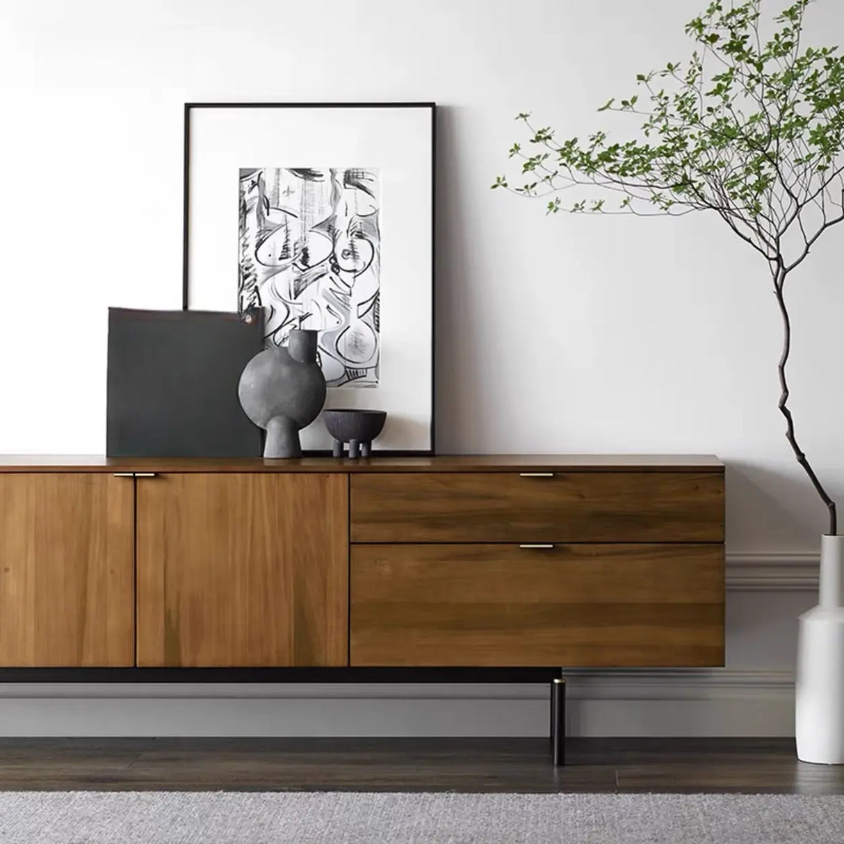 Mid-Century Walnut Wood TV Stand with Storage Image - 5