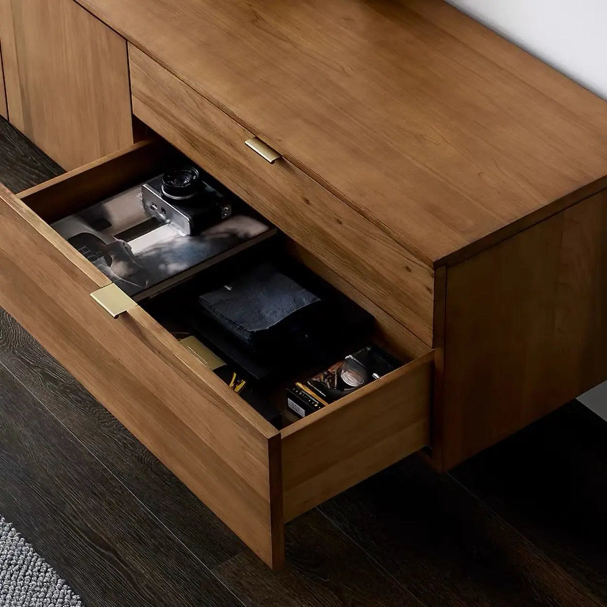 Mid-Century Walnut Wood TV Stand with Storage Image - 6