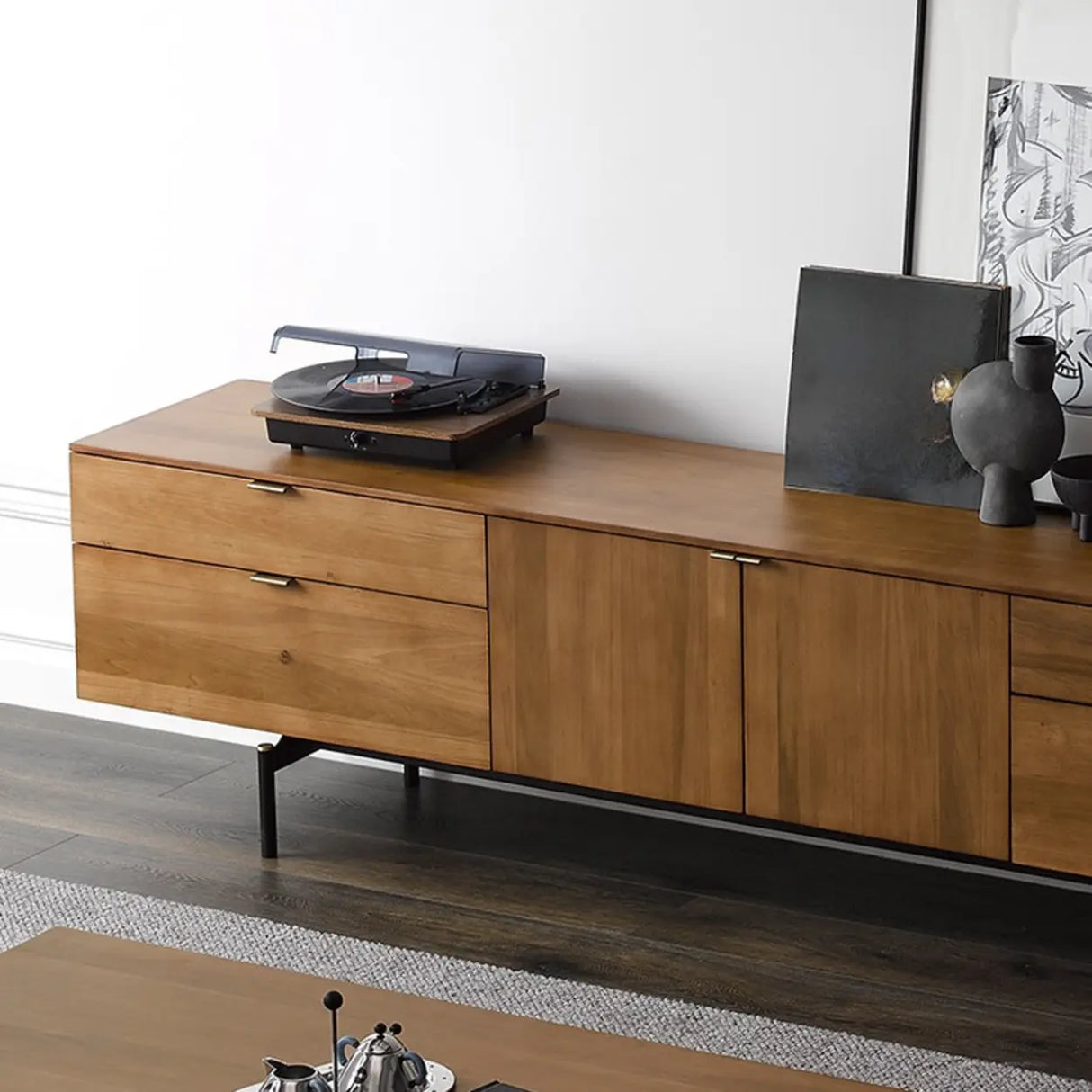 Mid-Century Walnut Wood TV Stand with Storage Image - 9