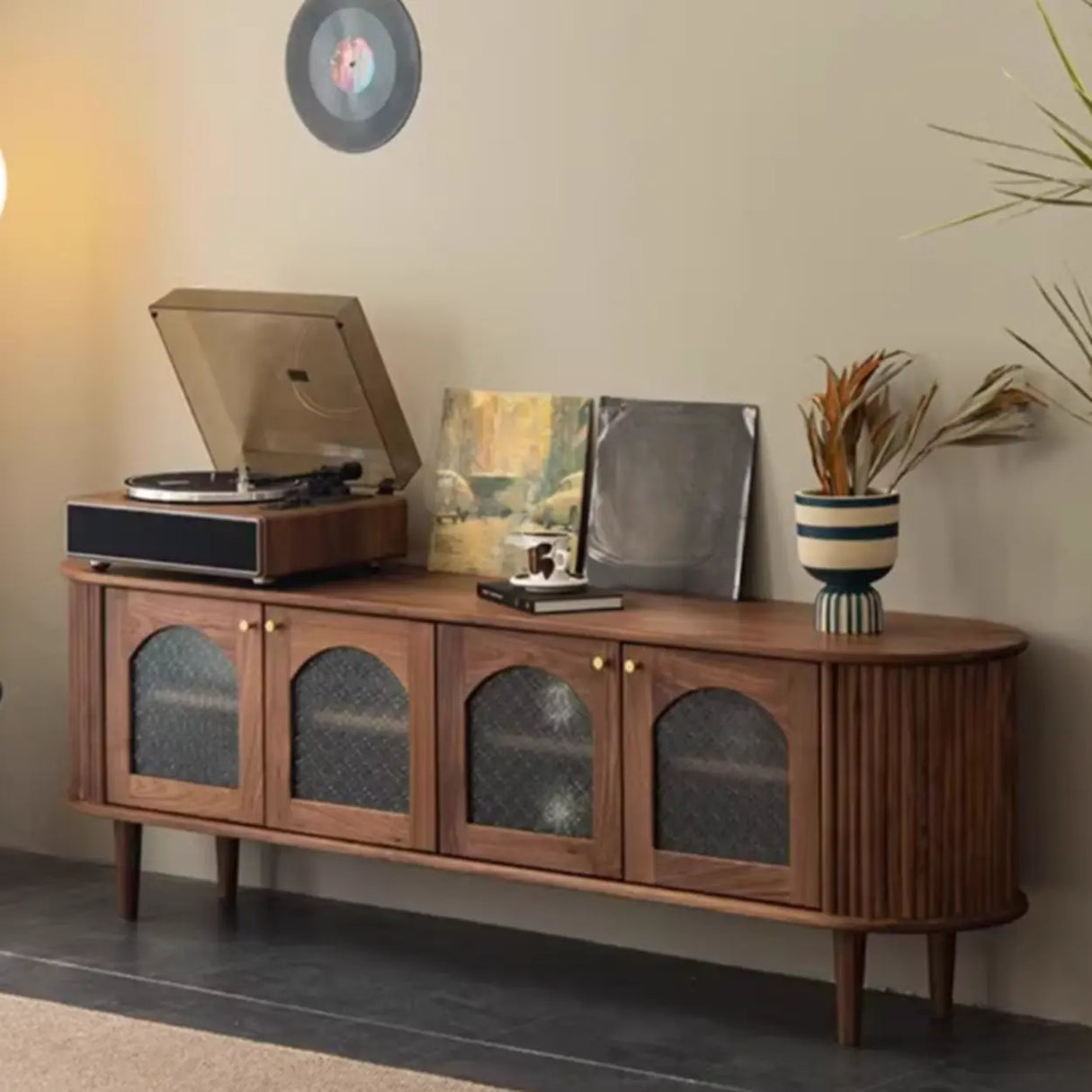 Mid-Century Walnut Wood TV Stand with Storage Cabinet Image - 1