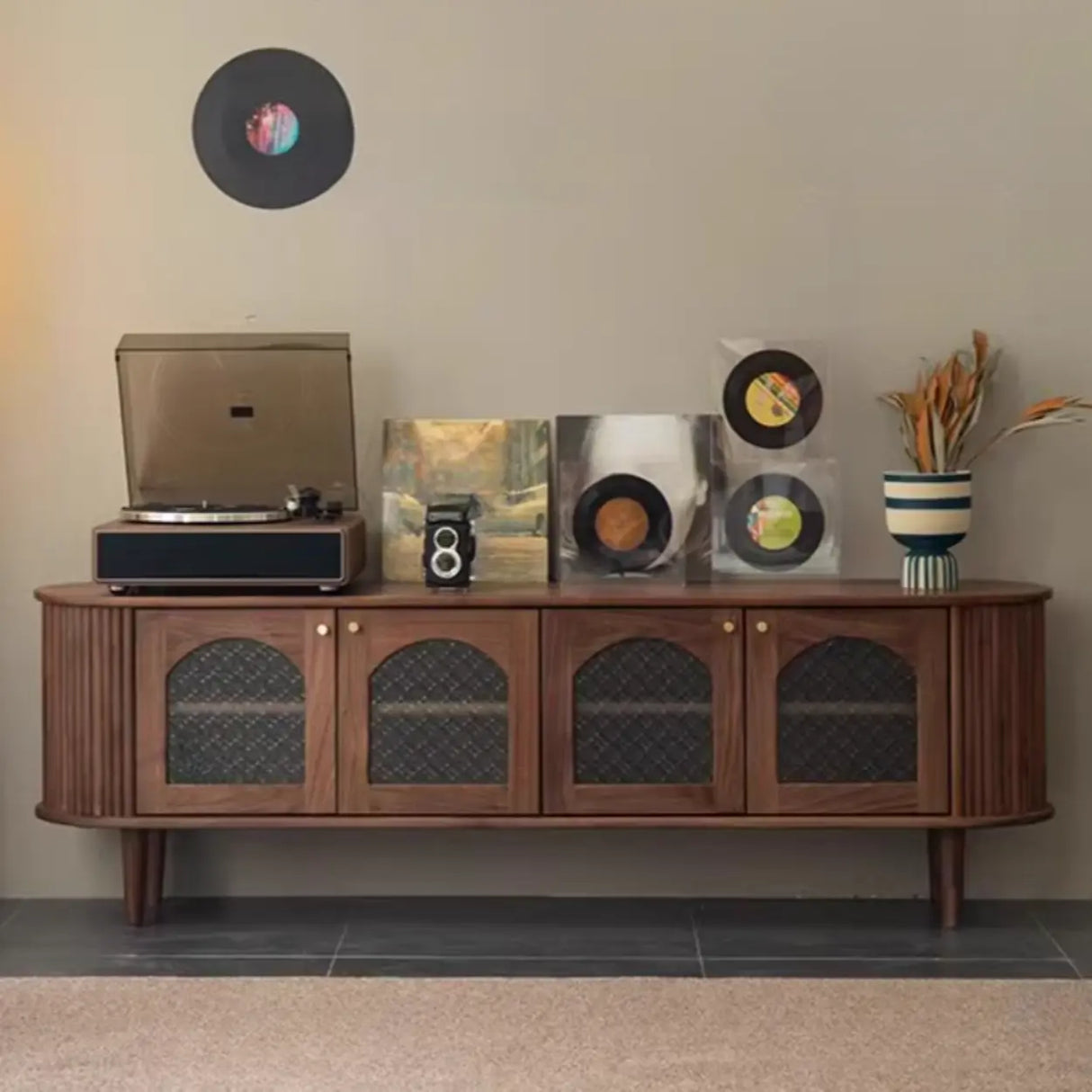 Mid-Century Walnut Wood TV Stand with Storage Cabinet Image - 3