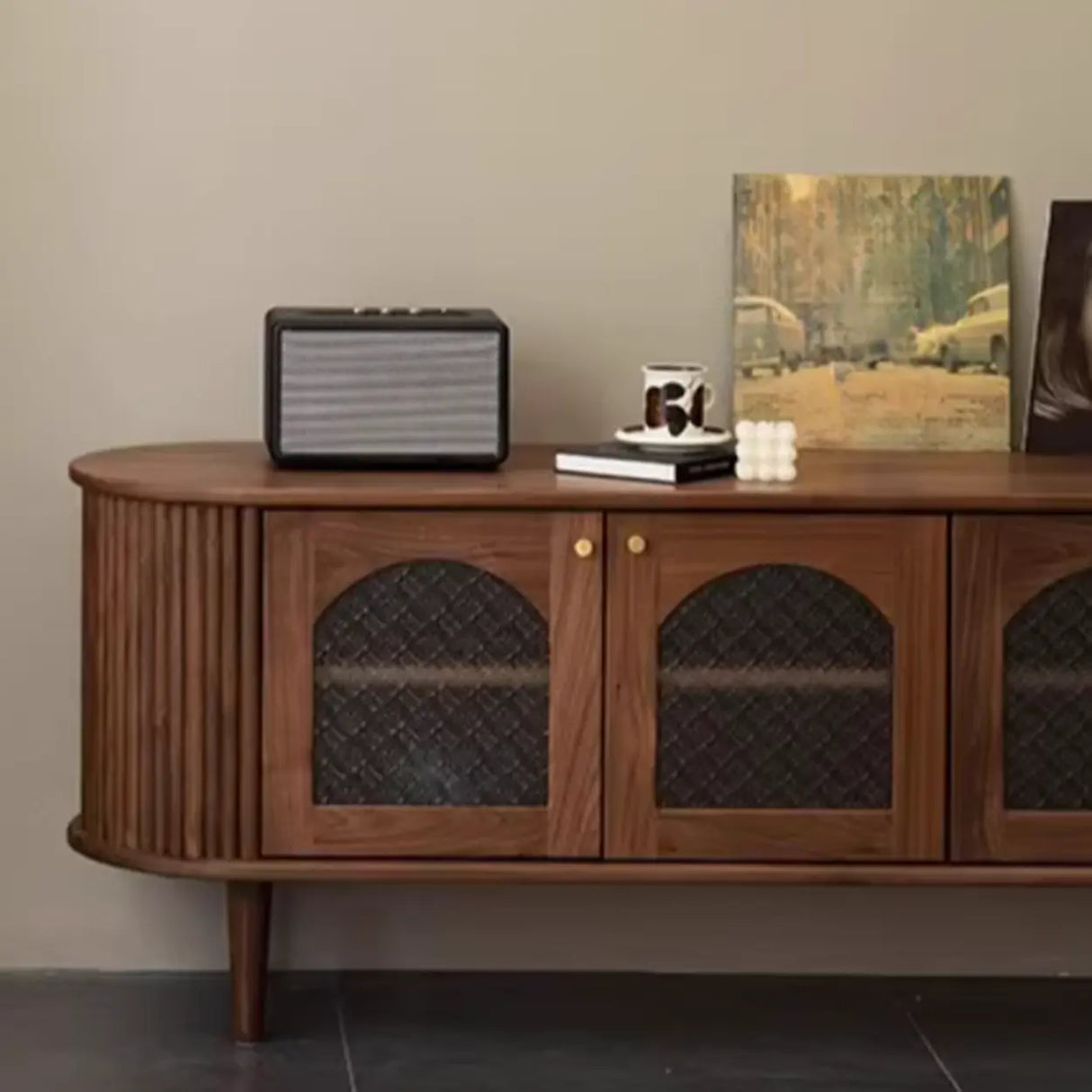 Mid-Century Walnut Wood TV Stand with Storage Cabinet Image - 4