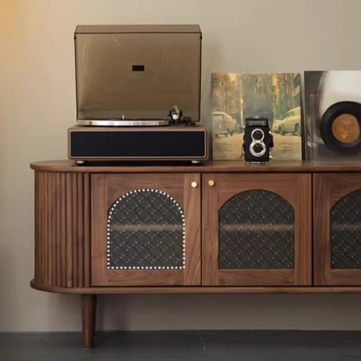 Mid-Century Walnut Wood TV Stand with Storage Cabinet Image - 6
