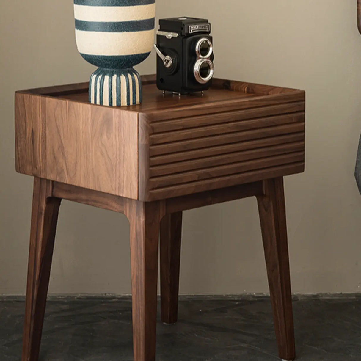 Mid-Century Wood Walnut Nightstand with Storage Drawer Image - 1