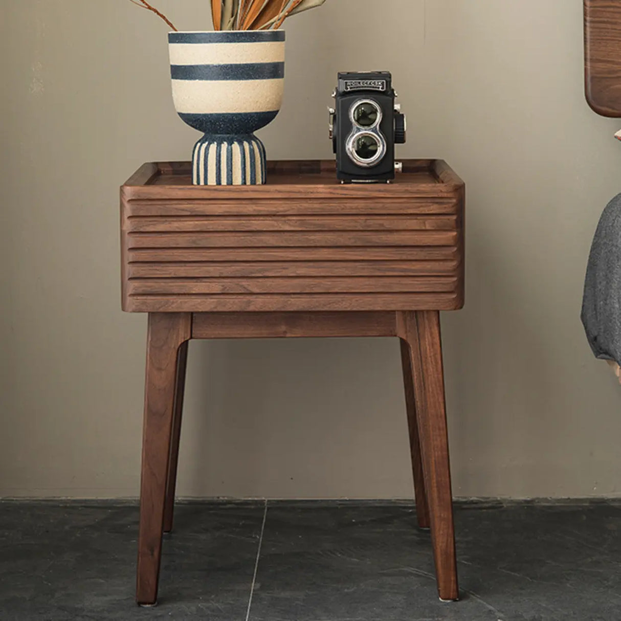 Mid-Century Wood Walnut Nightstand with Storage Drawer Image - 3