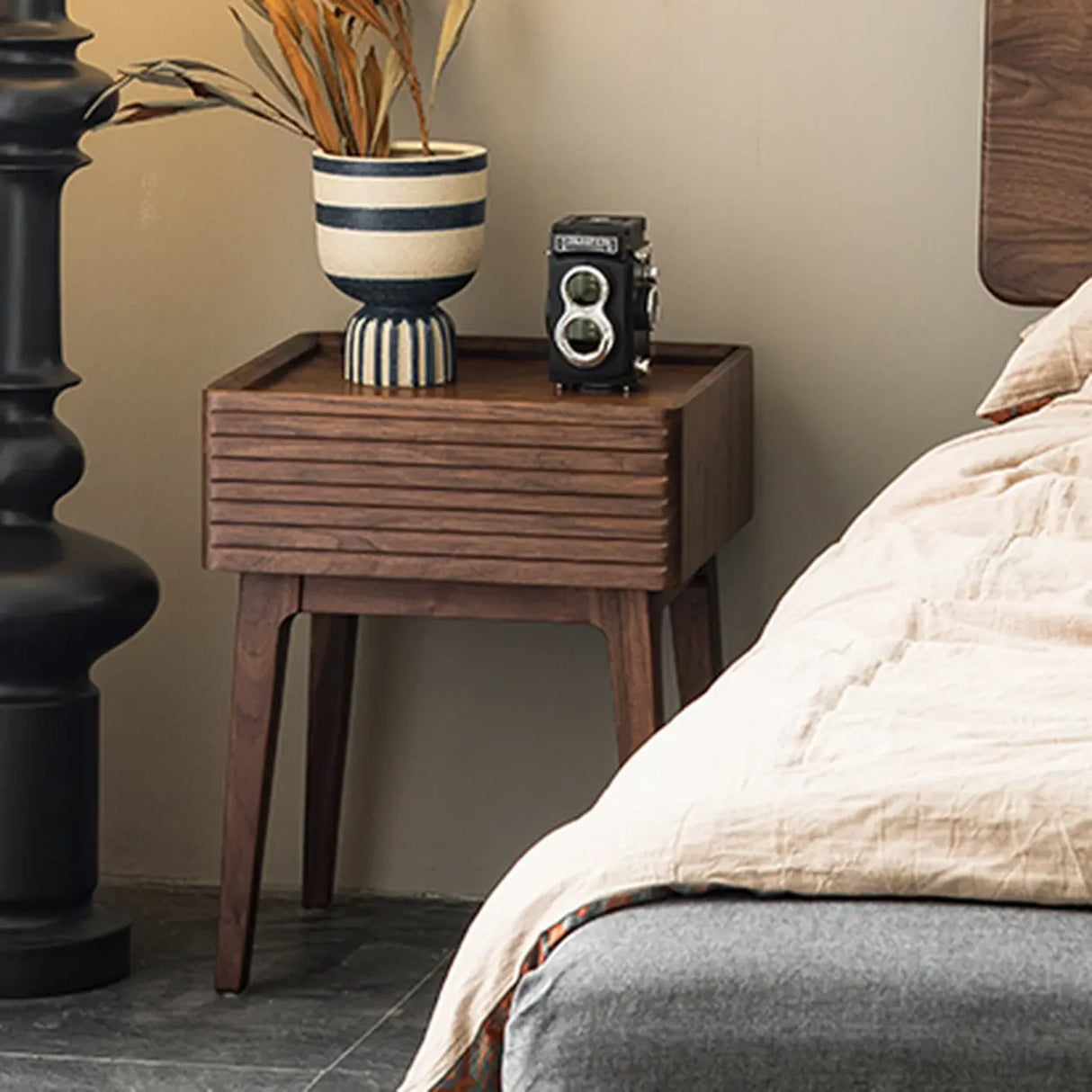 Mid-Century Wood Walnut Nightstand with Storage Drawer Image - 4