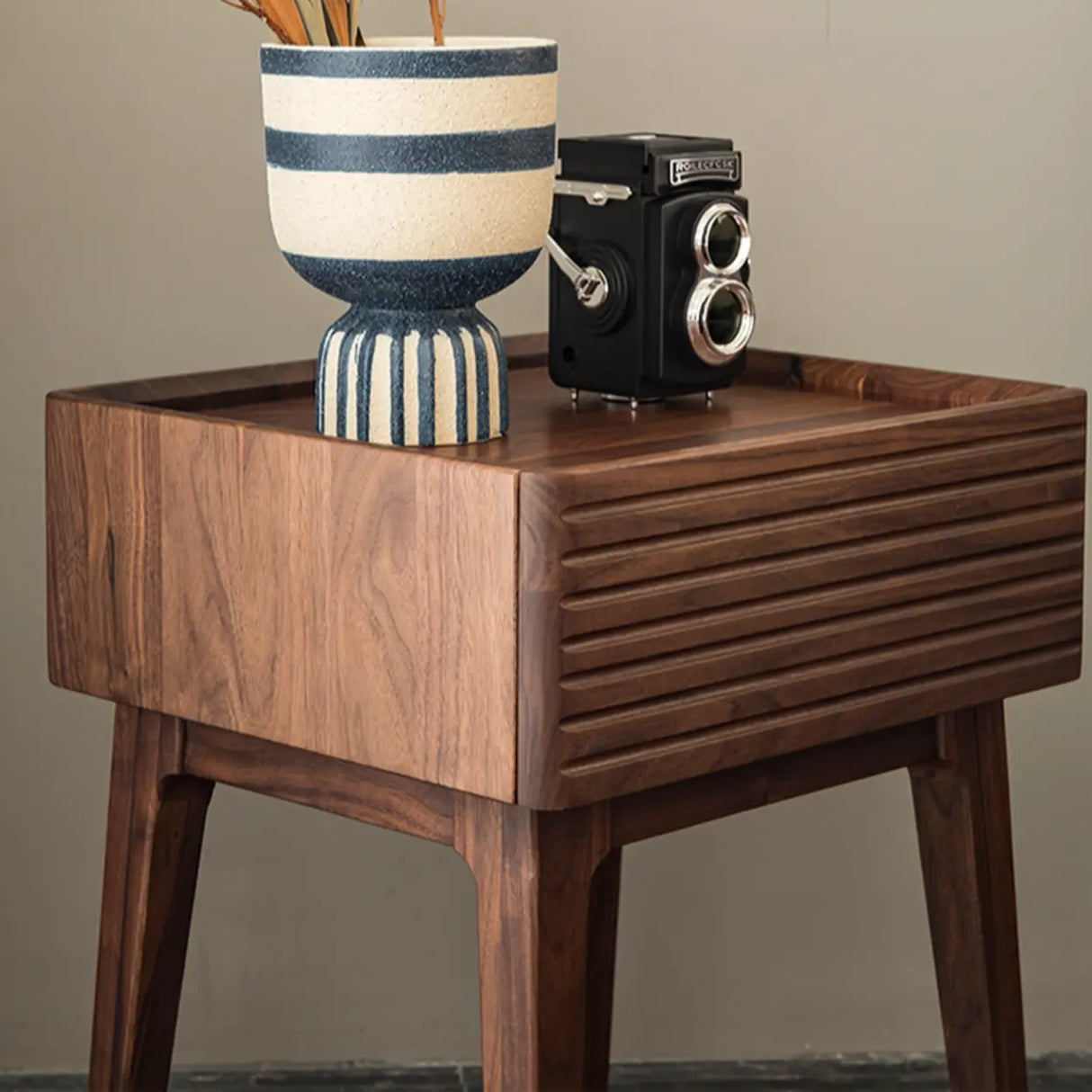 Mid-Century Wood Walnut Nightstand with Storage Drawer Image - 6