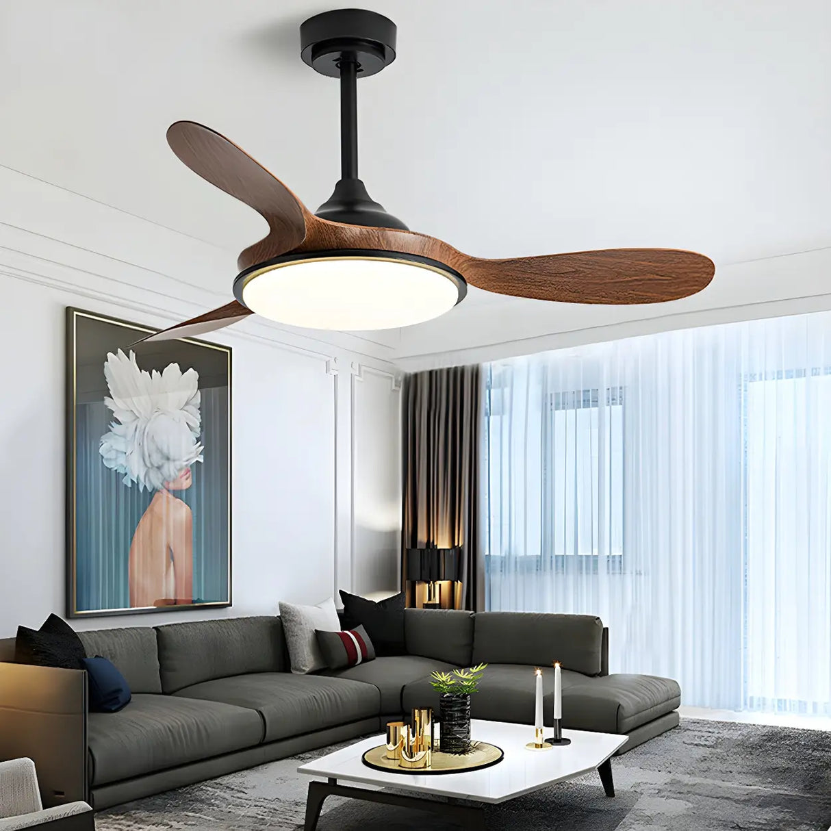 Mini 3 Blade Wood Dimming LED Ceiling Fan with Light Image - 1