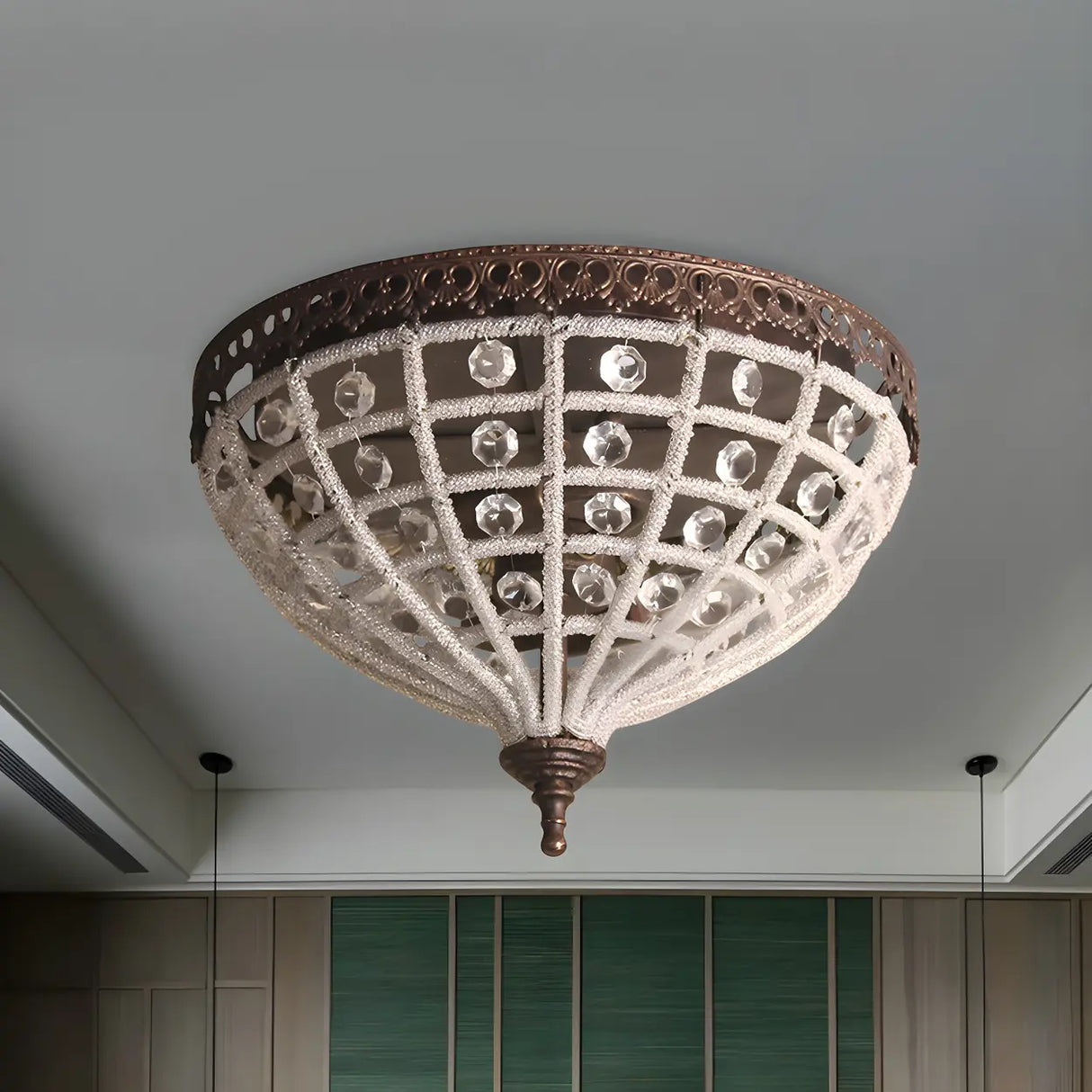 Mini Bronze Domed Cage Crystal Bead Flush Mount Light Image - 1