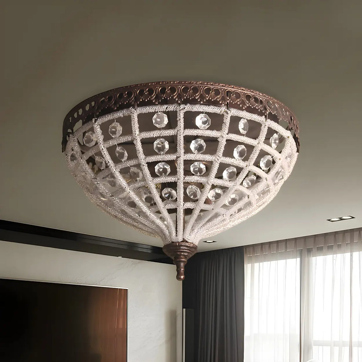 Mini Bronze Domed Cage Crystal Bead Flush Mount Light Image - 2