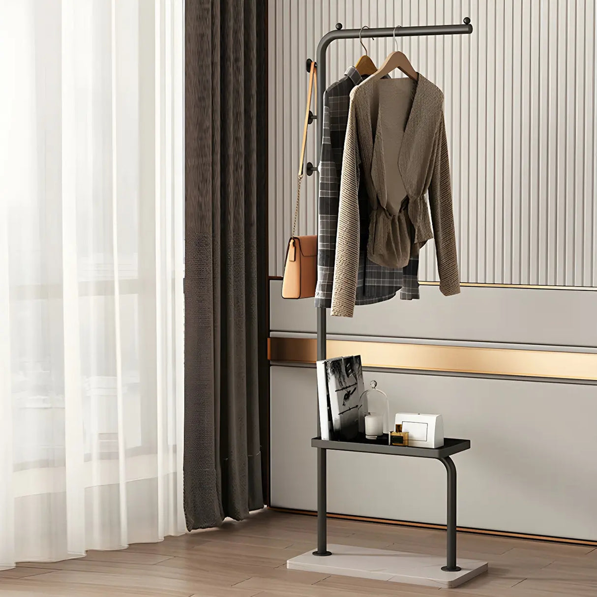 Minimal Metal Black Garment Coat Rack with Shelves and Hooks Image - 12