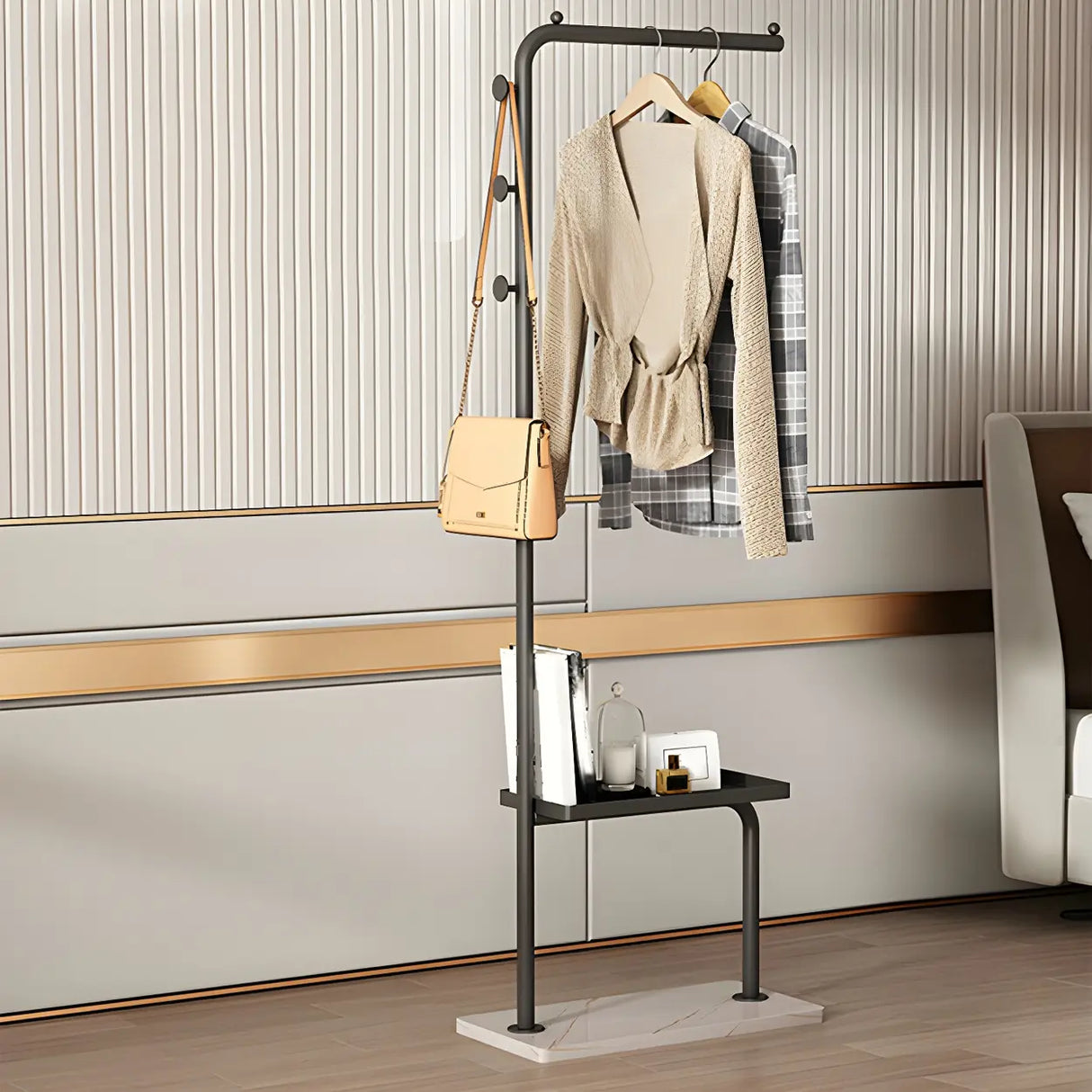 Minimal Metal Black Garment Coat Rack with Shelves and Hooks Image - 13